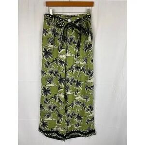 Tahari Womens 100% Linen Green Island Wide Leg Pants Elastic Waist Belted Size S